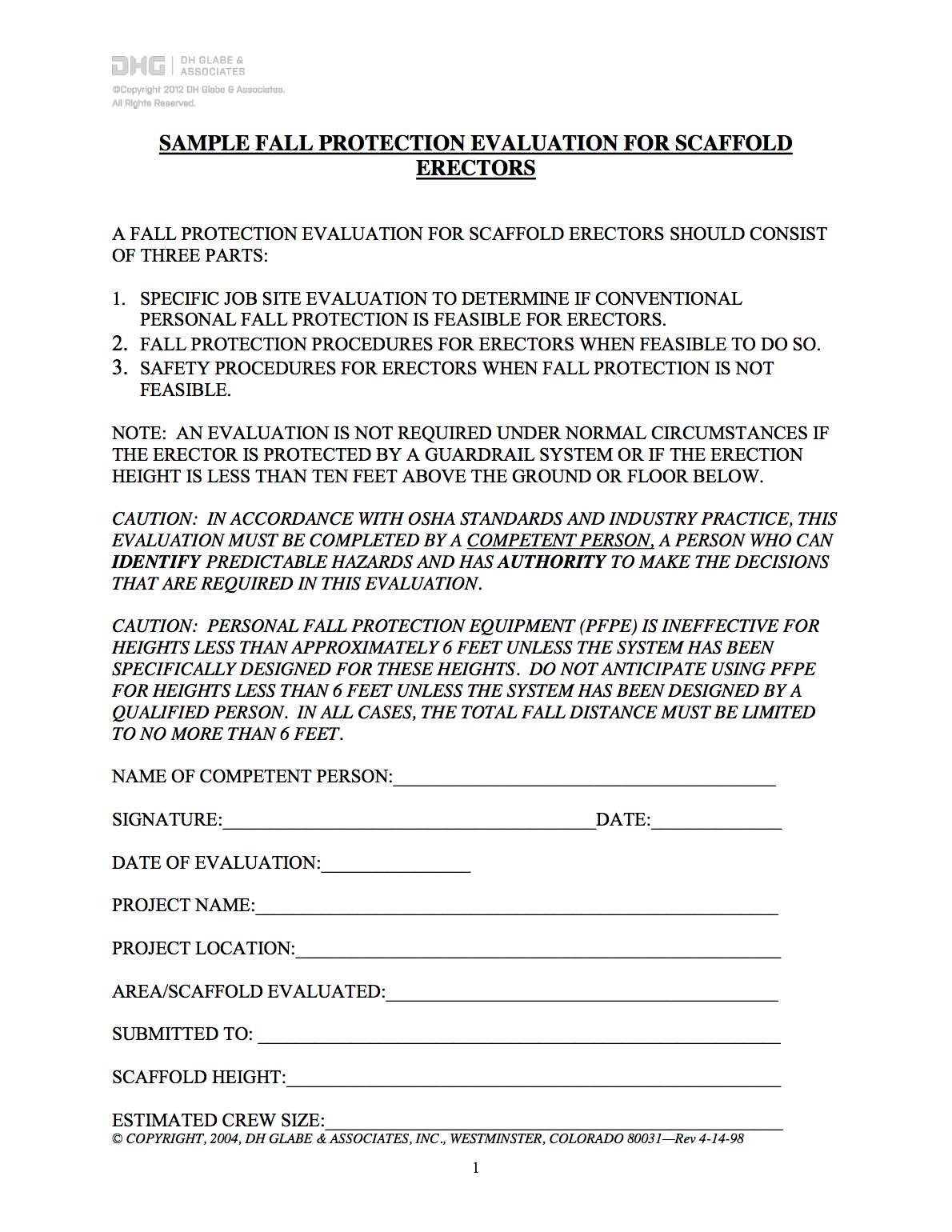 Sample Scaffold Erector Fall Protection Plan DH Glabe & Associates